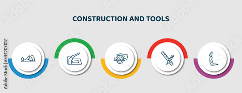 editable thin line icons with infographic template. infographic for construction and tools concept. included planer, staple gun, chop saw, pencil and ruler, jackknife icons.