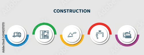 editable thin line icons with infographic template. infographic for construction concept. included truck with crane, big clo, construction palette, stopcock, backhoes icons.
