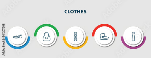 editable thin line icons with infographic template. infographic for clothes concept. included leather shoes, hobo bag, jumpsuit, wool boots, long sleeveless dress icons.