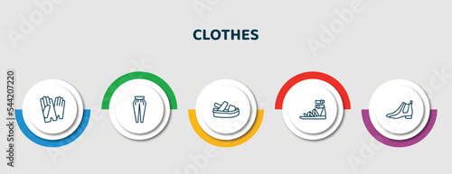 editable thin line icons with infographic template. infographic for clothes concept. included leather gloves, pegged pants, platform sandals, gladiator sandal, leather chelsea boots icons.