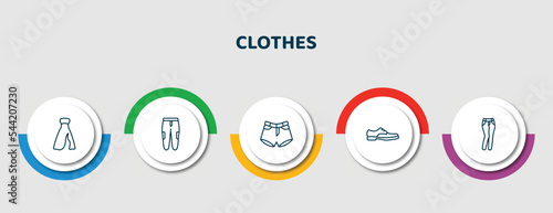 editable thin line icons with infographic template. infographic for clothes concept. included long bandeau dress, chi pants, denim shorts, leather derby shoe, slim fit pants icons.