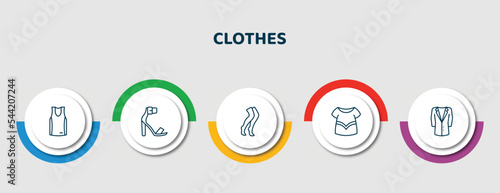 editable thin line icons with infographic template. infographic for clothes concept. included basketball jersey, heels, stockings, blouse, suit jacket icons.