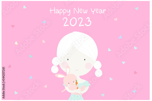Happy New Year 2023 and Holidays celebration cute girl  holding cute rabbit vector illustration