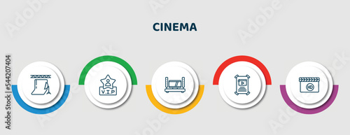 editable thin line icons with infographic template. infographic for cinema concept. included studio, vip person, home cinema, film poster, movie film icons.