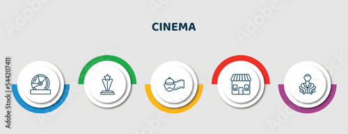 editable thin line icons with infographic template. infographic for cinema concept. included dvd, film award, producer, ticket office, hitman icons.