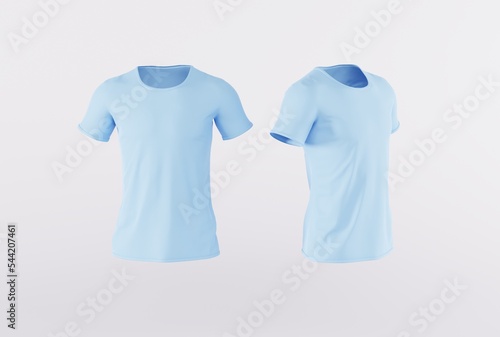 Blue T Shirt Isolated on Bright White Background. Concept for the sale of t-shirts, clothing stores. 3D render; 3D illustration.