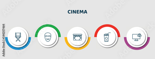 editable thin line icons with infographic template. infographic for cinema concept. included director film chair, smile mask, cinema curtains, papper cup with straw, 3d television icons.