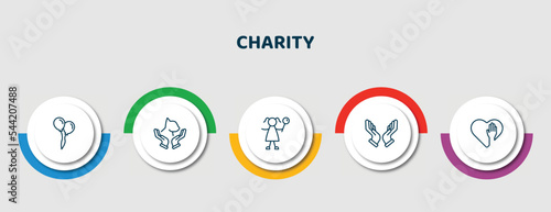 editable thin line icons with infographic template. infographic for charity concept. included ballons, animal rights, happy kids, praying, voluntary service icons.