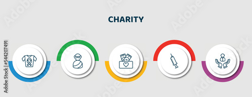editable thin line icons with infographic template. infographic for charity concept. included clothes donation, , cash box, vaccine, human icons.