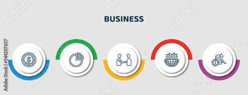 editable thin line icons with infographic template. infographic for business concept. included one dollar coins, quarter pie chart, men shaking hands, globe analytics, money investment icons.