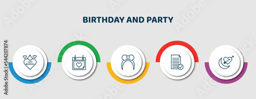 editable thin line icons with infographic template. infographic for birthday and party concept. included just married, love calendar, headband, proposal, honeymoon icons.