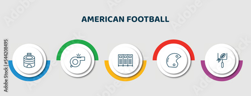 editable thin line icons with infographic template. infographic for american football concept. included stadium cylinder, whistle, lockers, helmet, american football goal icons.