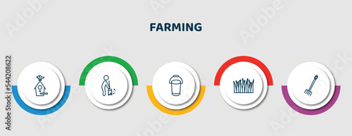 editable thin line icons with infographic template. infographic for farming concept. included birdhouse, brooming, pail, lawn, rak icons.