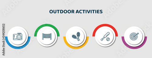 editable thin line icons with infographic template. infographic for outdoor activities concept. included photography, volleyball net, racket, cricket, dartboard icons.