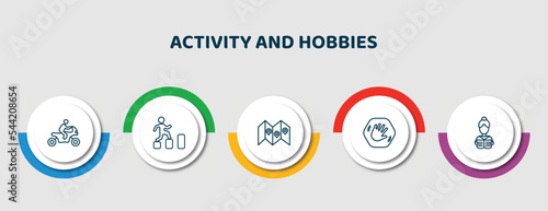 editable thin line icons with infographic template. infographic for activity and hobbies concept. included motorcycle riding, parkour, travelling, greeting, read icons.