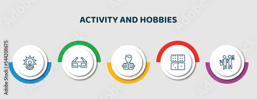 editable thin line icons with infographic template. infographic for activity and hobbies concept. included yoga, 3d glasses, newspaper readign, dominoes, hang out icons.