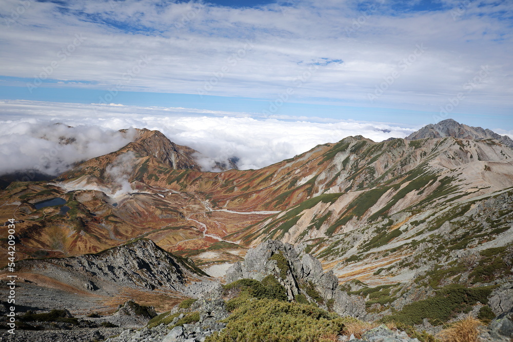 Panoramic view of Mt. Tateyama with colored leaves that look like a painting