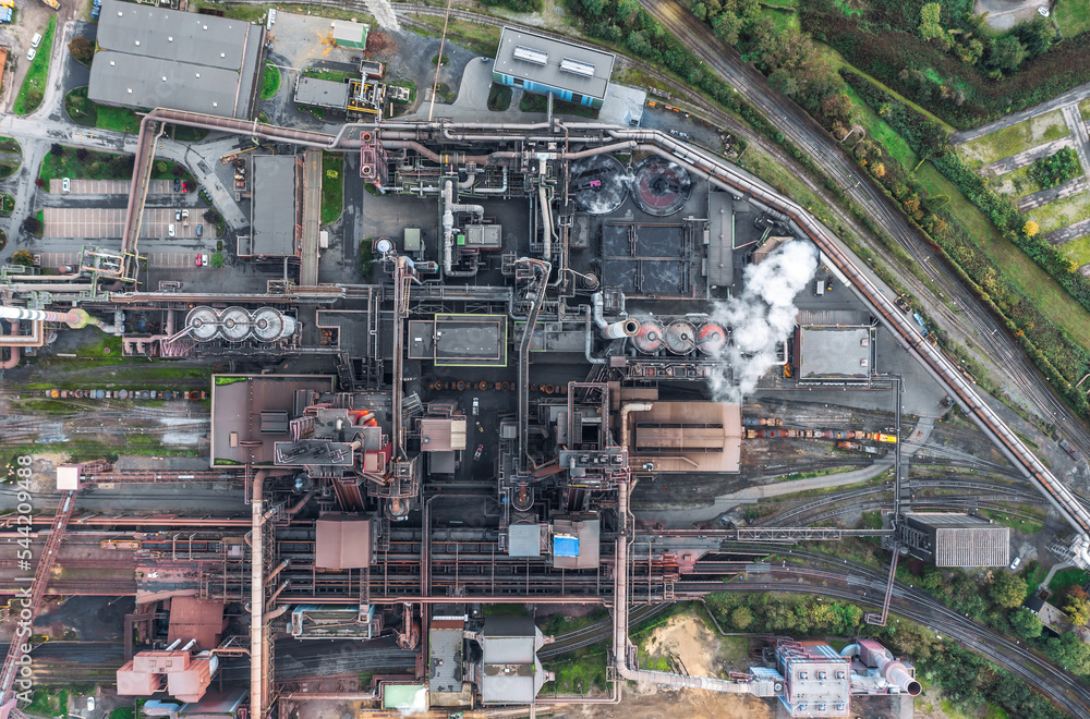 Aerial view of ThyssenKrupp steel plant blast furnace with communications routing network