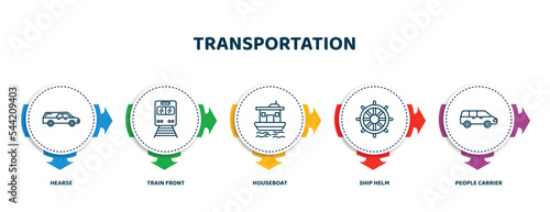 editable thin line icons with infographic template. infographic for transportation concept. included hearse, train front, houseboat, ship helm, people carrier icons.