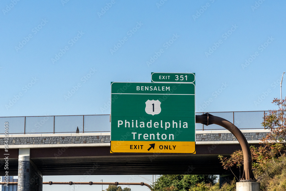 exit 351 sign at Bensalem on the Pennsylvania Turnpike for Route 1 toward Philadelphia and Trenton, New Jersey