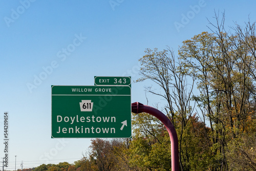 Exit 343 sign at Willow Grove on the Pennsylvania Turnpike for Route 611 toward Jenkintown and Doylestown photo