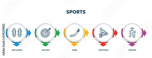 editable thin line icons with infographic template. infographic for sports concept. included shin guards, bullseye, saber, motocross, trekking icons.