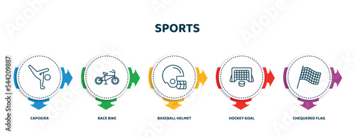 editable thin line icons with infographic template. infographic for sports concept. included capoeira, race bike, baseball helmet, hockey goal, chequered flag icons.
