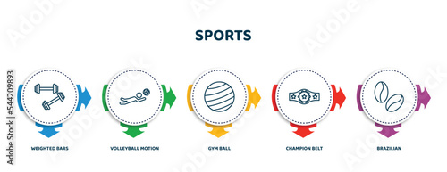 editable thin line icons with infographic template. infographic for sports concept. included weighted bars, volleyball motion, gym ball, champion belt, brazilian icons.