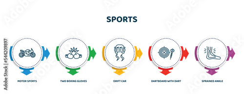 editable thin line icons with infographic template. infographic for sports concept. included motor sports, two boxing gloves, drift car, dartboard with dart, sprained ankle icons.