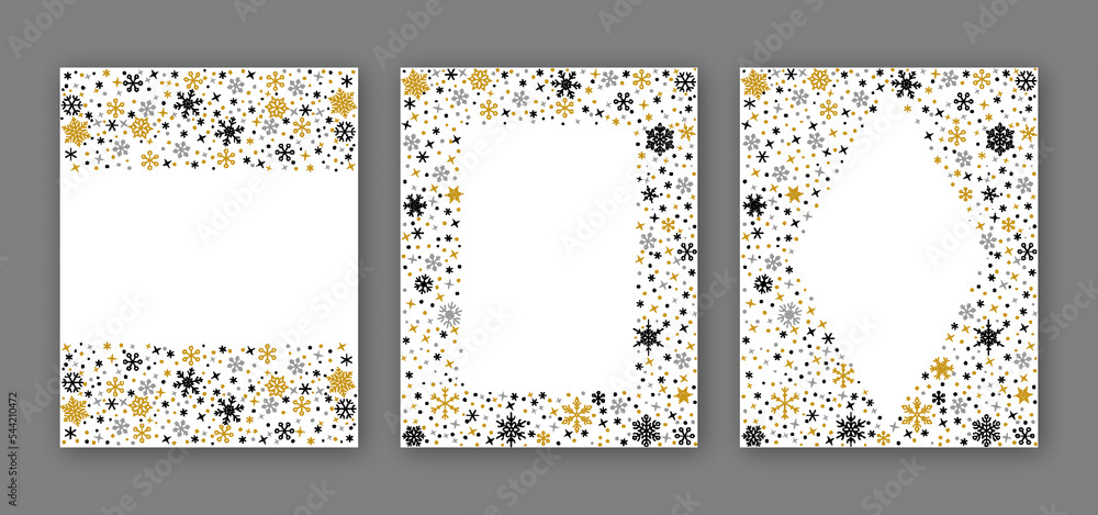Snowflake black gold silver linear borders. Merry Christmas and Happy New Year greeting card poster banner template. Winter ornate ice star background. Copy space snow flakes frame. Xmas letter decor