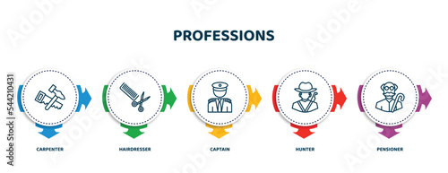 editable thin line icons with infographic template. infographic for professions concept. included carpenter, hairdresser, captain, hunter, pensioner icons.