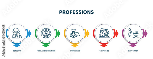 editable thin line icons with infographic template. infographic for professions concept. included detective, mechanical engineer, superhero, graphic de, baby sitter icons.