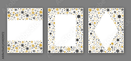 Snowflake black gold silver linear borders. Merry Christmas and Happy New Year greeting card poster banner template. Winter ornate ice star background. Copy space snow flakes frame. Xmas letter decor