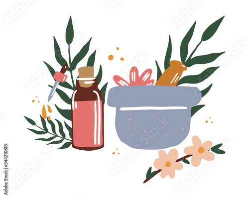 A bottle of aromatic oil and a mortar. Production of aromatic oil.