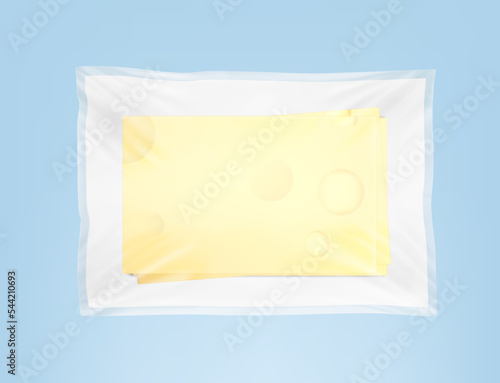 Tray transparent film mockup with slices of cheese. Vector illustration. The translucent layer perfectly simulates the top stretched layer of plastic. EPS10.
