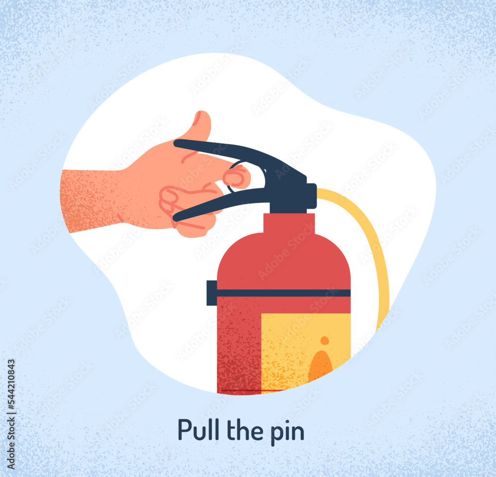 Fire extinguisher instruction. Character pulls out safety valve to use ...