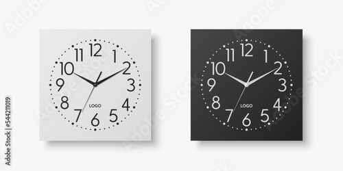 Vector 3d Realistic White, Black Square Wall Office Clock Set, Design Template Isolated on White. Dial with Roman Numerals. Mock-up of Wall Clock for Branding and Advertise Isolated. Clock Face Design