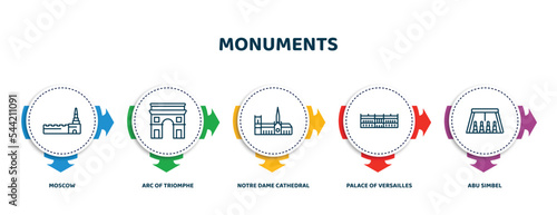 editable thin line icons with infographic template. infographic for monuments concept. included moscow, arc of triomphe, notre dame cathedral, palace of versailles, abu simbel icons.