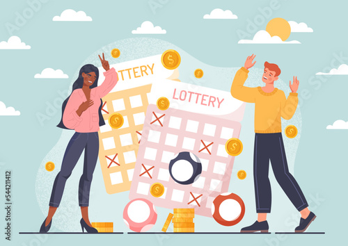 Gambling game concept. Man and woman rejoice next to lottery tickets. Advertising poster or banner for website. Winners and success. Fortuna and game for luck. Cartoon flat vector illustration