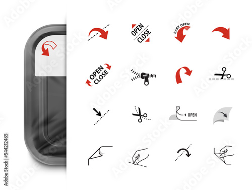 Package arrows icons set. Vector illustration isolated. Set for packs, shows the place of opening. EPS10.	