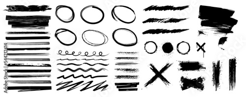 Realistic highlighter, underline, marker lines. Round stroke lines, strokes, marker lines, paint brush, cross. Isolated Hand-drawn grunge collection. Brushstroke, underline, marker highlighter. Vector