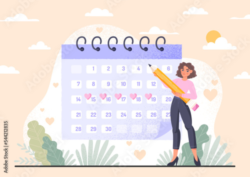 Woman with menstrual calendar. Young girl marks dates with pencil. Ovulation, biology and gynecology. Hormone and protection, regular period. Poster or banner. Cartoon flat vector illustration