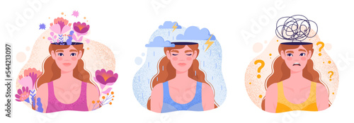 Mental health set. Collection of abstract portraits of woman in different moods. Feelings, facial expressions and gestures, emotions. Cartoon flat vector illustrations isolated on white background