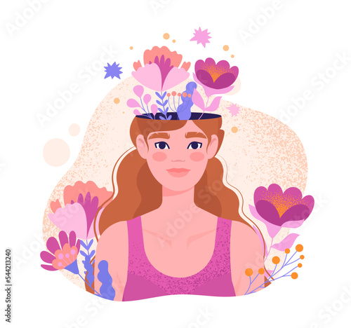 Mental health positive. Abstract portrait of young girl with flowers. Happy woman, optimist. Mindfulness and psychology concept. Poster or banner for website. Cartoon flat vector illustration