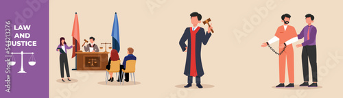 Court of Law Trial, Judges man and Defendant in handcuffs. Law set concept. Flat vector illustrations isolated.