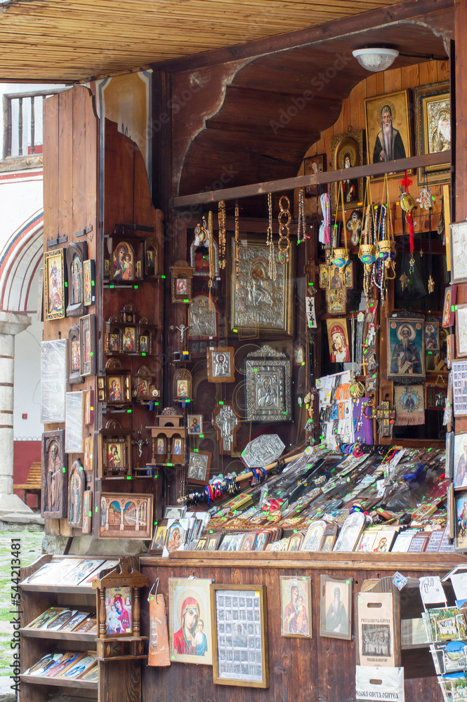 Religious souvenirs and artifacts on display at the Monastery of Saint John of Rila, also known as Rila Monastery, Rila, Bulgaria