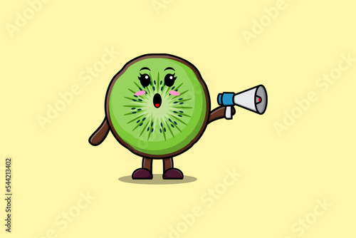 Cute Cartoon Kiwi fruit character speak with megaphone in 3d cartoon style concept