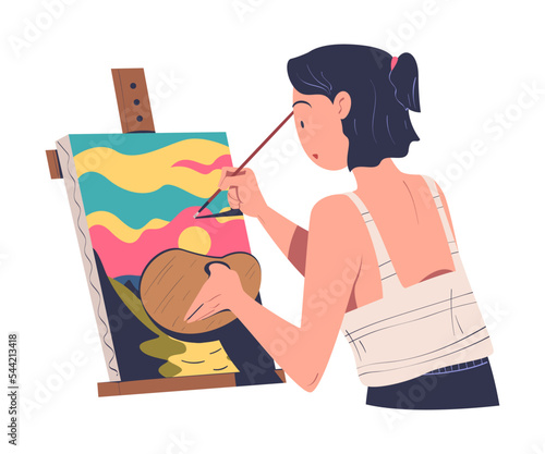 Woman Character Drawing Nature Landscape with Easel and Brush on Canvas Vector Illustration