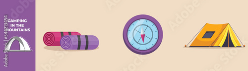 Tent, Compass and Rolled up foam mat lying. Camping equipment set concept. Flat vector illustrations isolated.