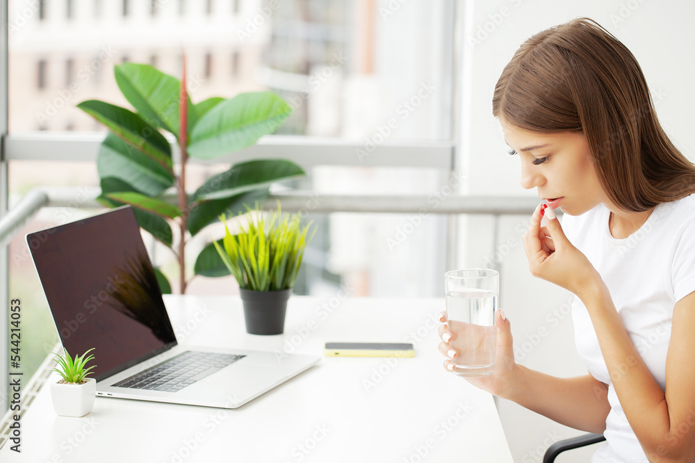 Beautiful Smiling Woman Taking Vitamin Pill, Dietary Supplement Beautiful Smiling Woman Taking Vitamin Pill, Dietary Supplement